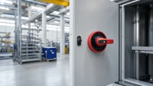 Industrial disconnect switch installed on a control cabinet in a factory