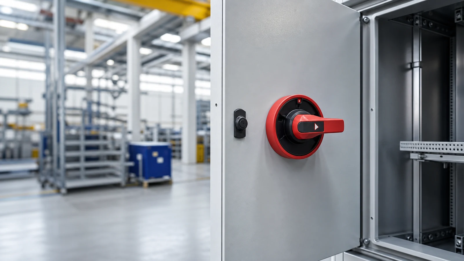 Industrial disconnect switch installed on a control cabinet in a factory
