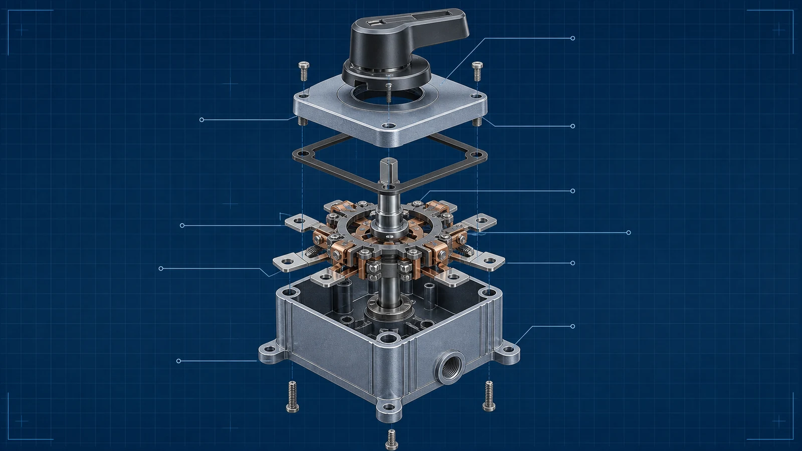 Exploded rotary disconnect switch mechanism on an engineering blueprint