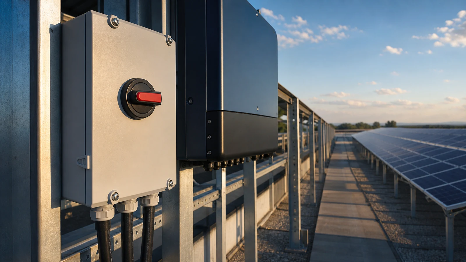Weatherproof disconnect switch beside a rooftop solar inverter