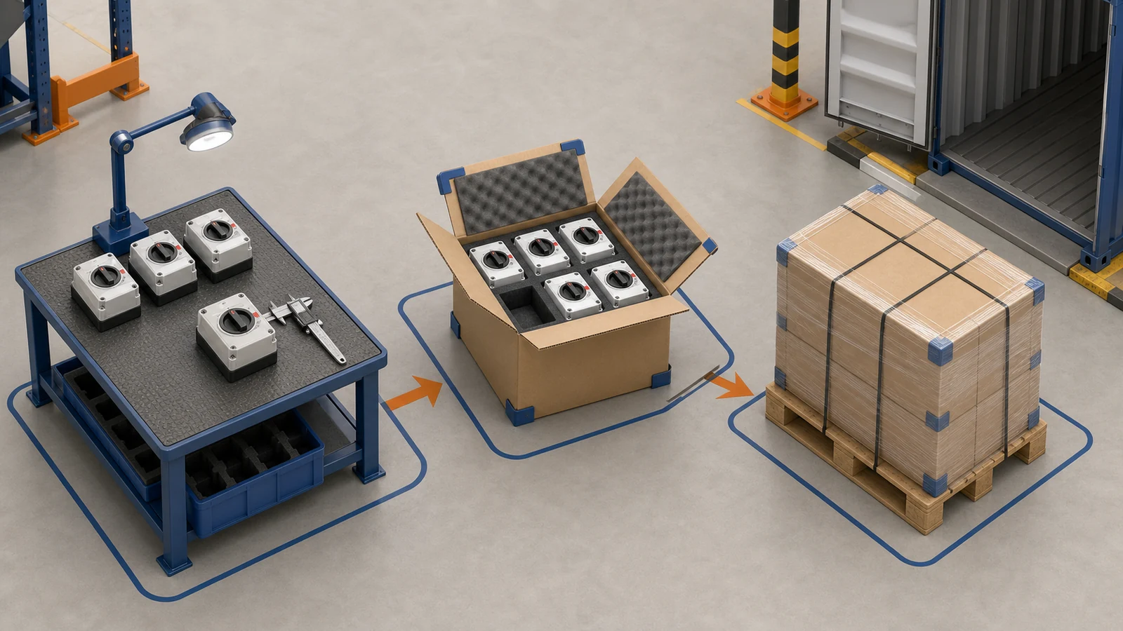 Disconnect switch sample inspection and export packaging workflow