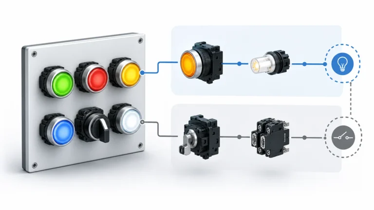 Illuminated Push Button Switch: Voltage, Color, and Contact Block Selection technical hero illustration