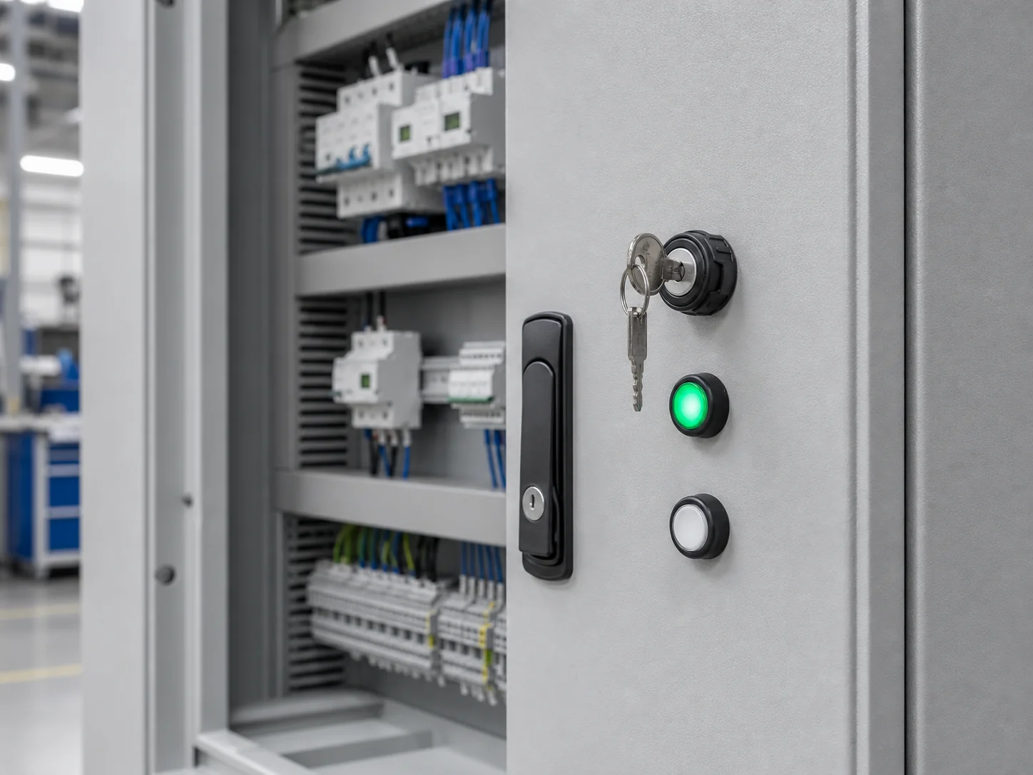 22 mm key selector and illuminated pushbutton installed on an industrial control cabinet door