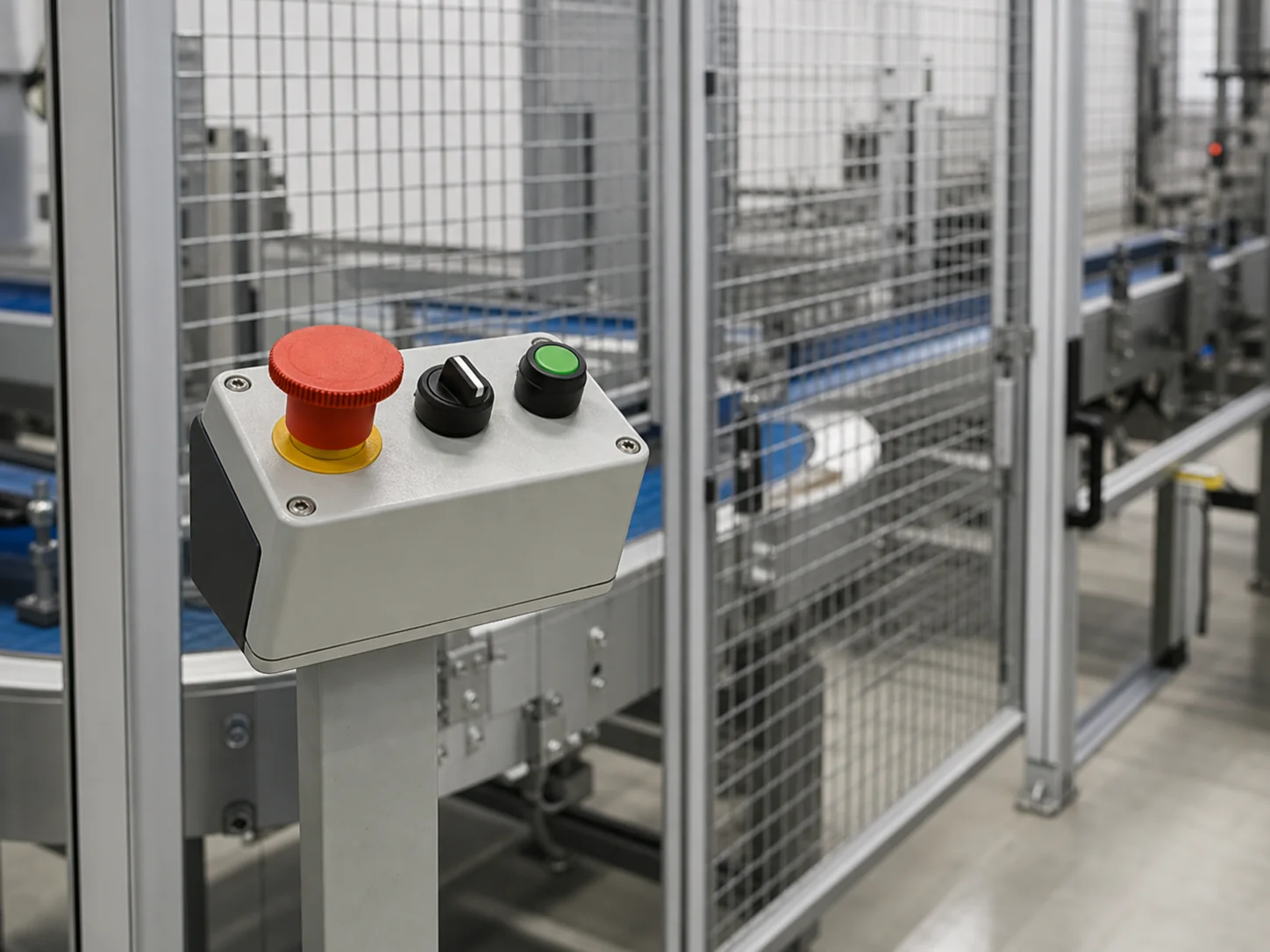 Red mushroom-head emergency-stop operator station beside an automated conveyor cell