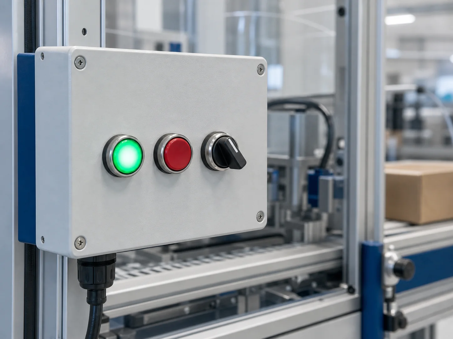 22 mm industrial pushbuttons on an OEM packaging machine control panel