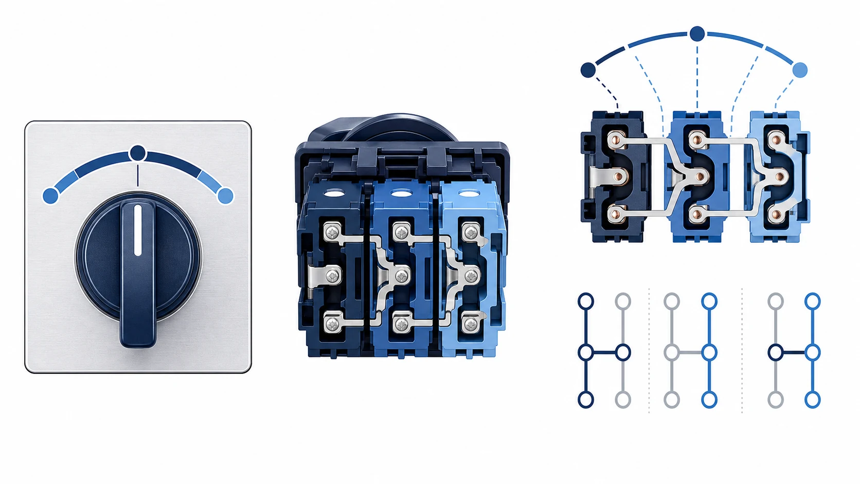 Three-position selector switch front operator with left centre and right positions
