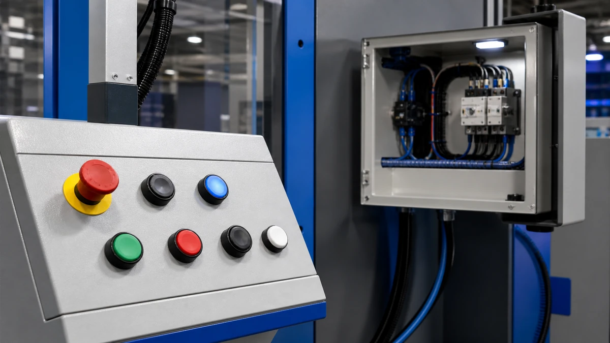 Unbranded push button, selector switch or emergency-stop operator used in a realistic industrial application context