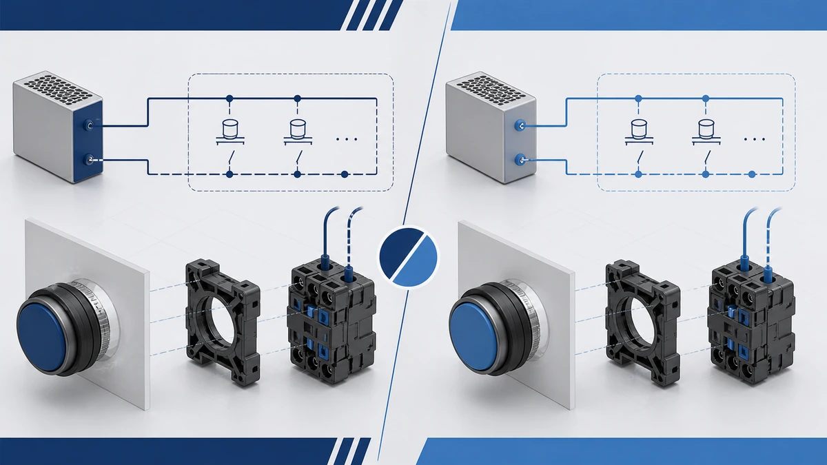 Technical anatomy view of an unbranded push button, selector switch or emergency-stop operator showing relevant mounting and connection interfaces