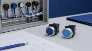 Unbranded push button, selector switch or emergency-stop operator sample reviewed in an industrial engineering environment
