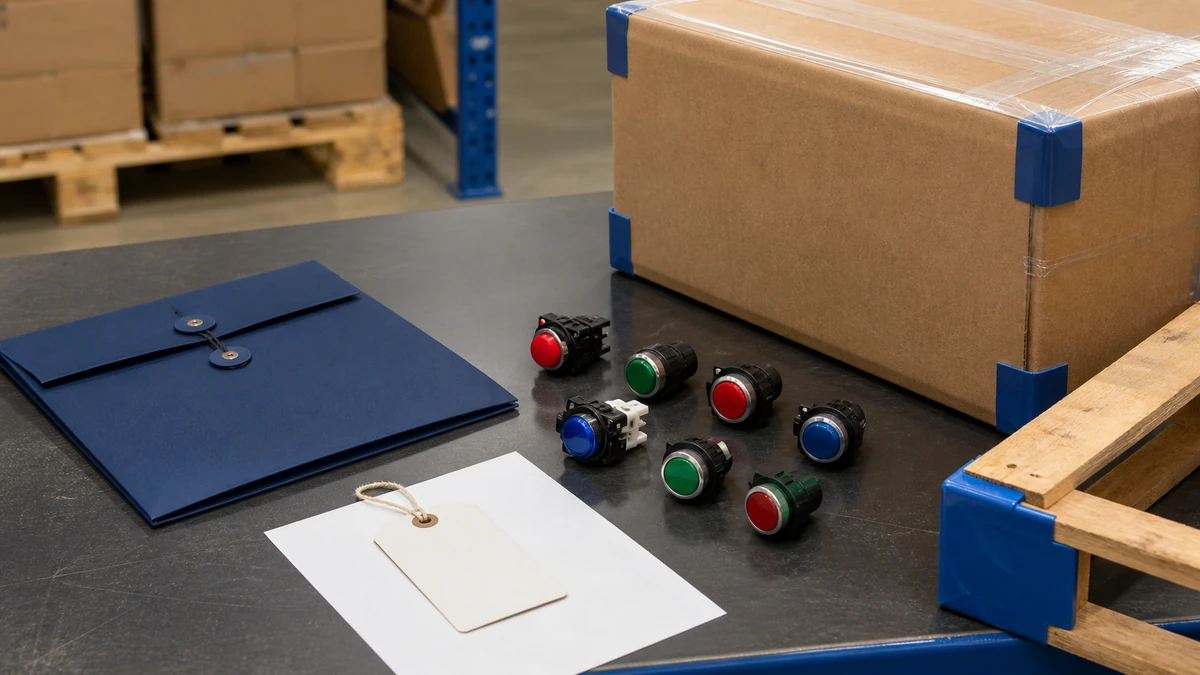 Unbranded push button, selector switch or emergency-stop operator sample, document folder and protective export packing prepared for handover