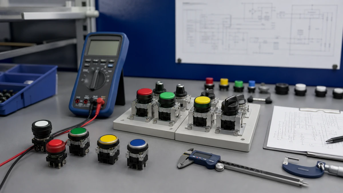 Unbranded push button, selector switch or emergency-stop operator sample at a quality-control inspection bench with non-readable drawing and measuring tools