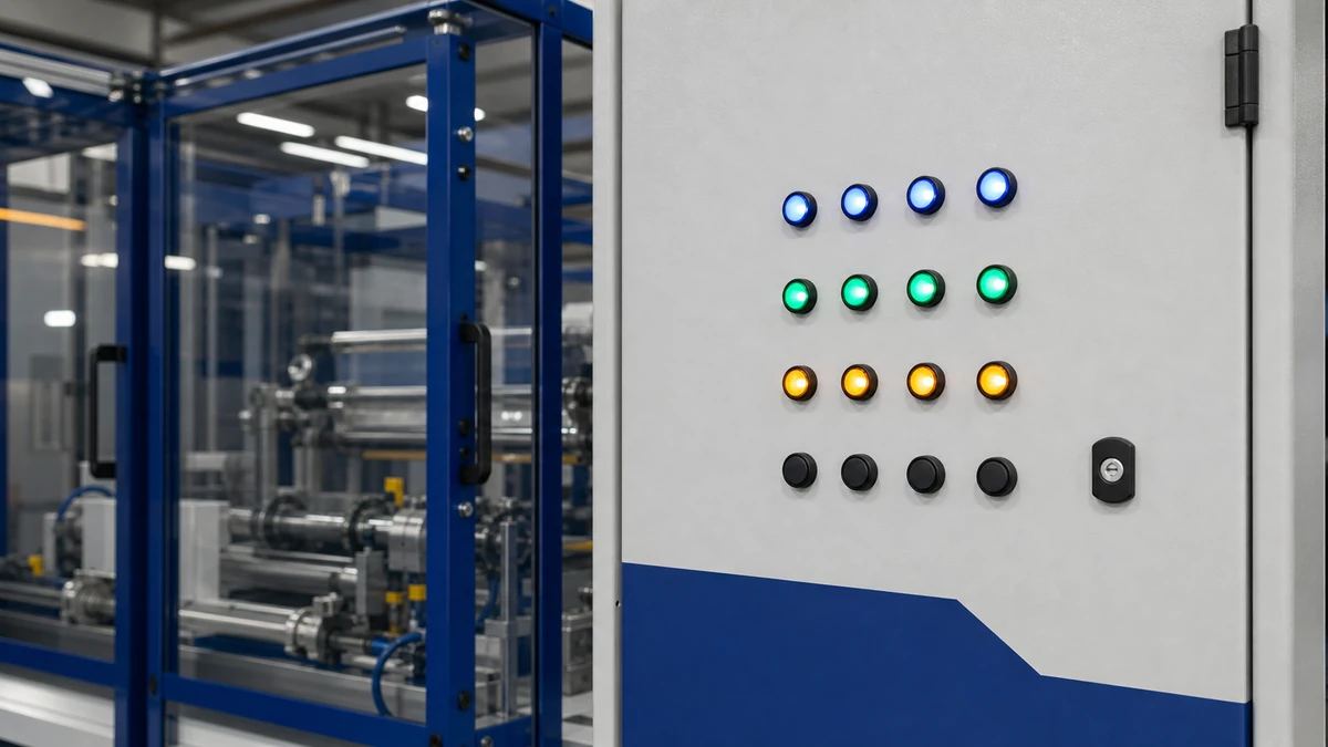 Unbranded push button, selector switch or emergency-stop operator used in a realistic industrial application context