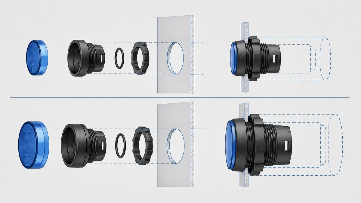 Technical anatomy view of an unbranded push button, selector switch or emergency-stop operator showing relevant mounting and connection interfaces