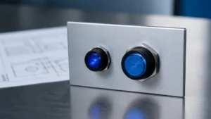 Unbranded push button, selector switch or emergency-stop operator sample reviewed in an industrial engineering environment