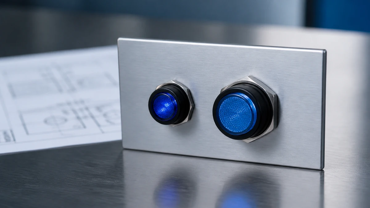 Unbranded push button, selector switch or emergency-stop operator sample reviewed in an industrial engineering environment