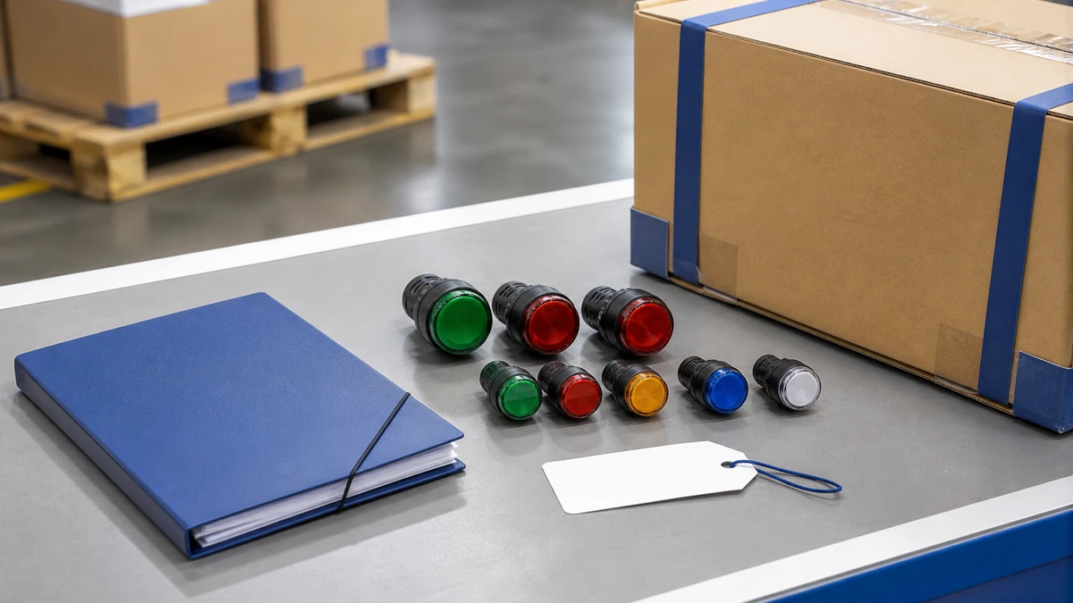 Unbranded push button, selector switch or emergency-stop operator sample, document folder and protective export packing prepared for handover