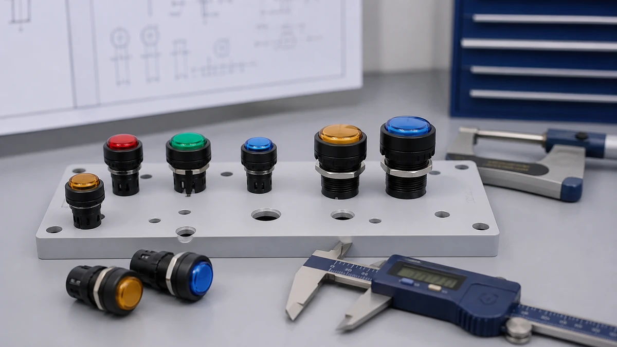 Unbranded push button, selector switch or emergency-stop operator sample at a quality-control inspection bench with non-readable drawing and measuring tools