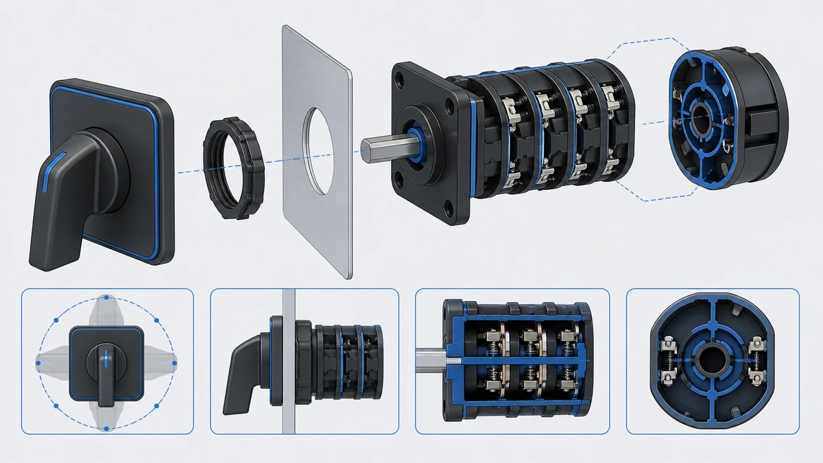 Technical anatomy view of an unbranded rotary cam switch showing relevant mounting and connection interfaces