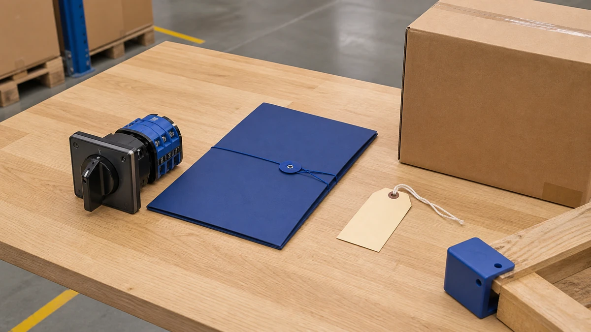 Unbranded rotary cam switch sample, document folder and protective export packing prepared for handover