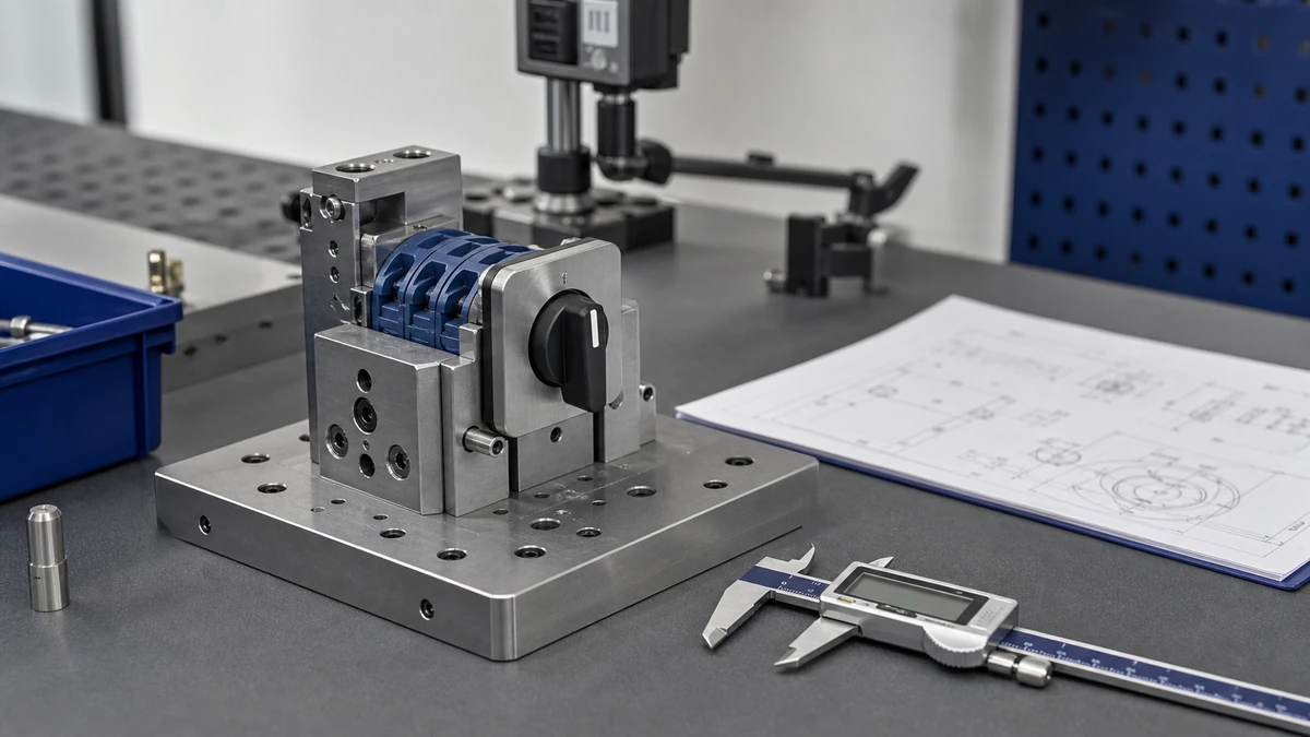 Unbranded rotary cam switch sample at a quality-control inspection bench with non-readable drawing and measuring tools