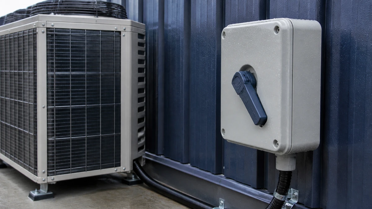 Unbranded weatherproof isolator switch box used in a realistic industrial application context