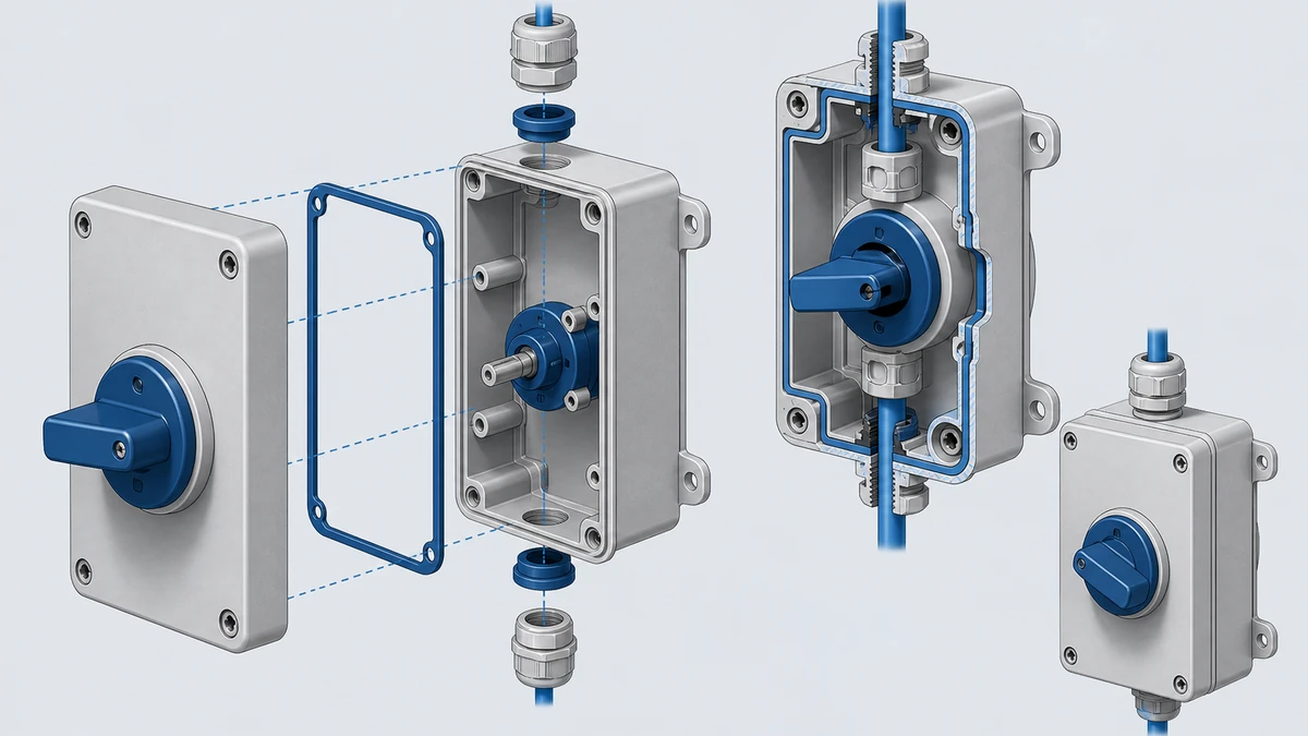 Technical anatomy view of an unbranded weatherproof isolator switch box showing relevant mounting and connection interfaces