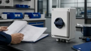 Unbranded weatherproof isolator switch box sample reviewed in an industrial engineering environment