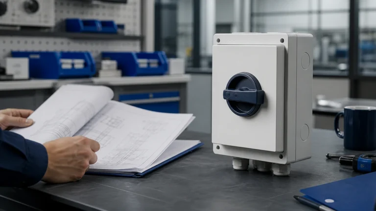 Unbranded weatherproof isolator switch box sample reviewed in an industrial engineering environment