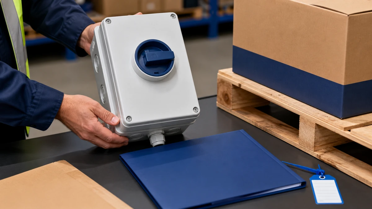 Unbranded weatherproof isolator switch box sample, document folder and protective export packing prepared for handover