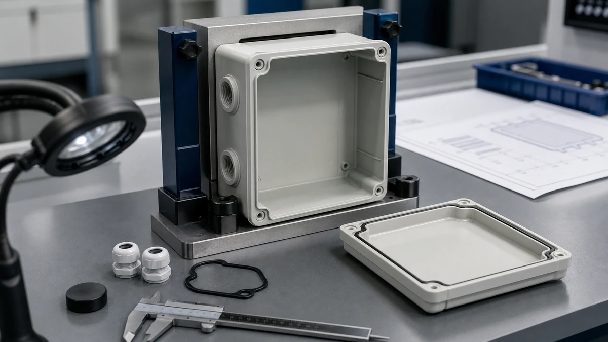 Unbranded weatherproof isolator switch box sample at a quality-control inspection bench with non-readable drawing and measuring tools