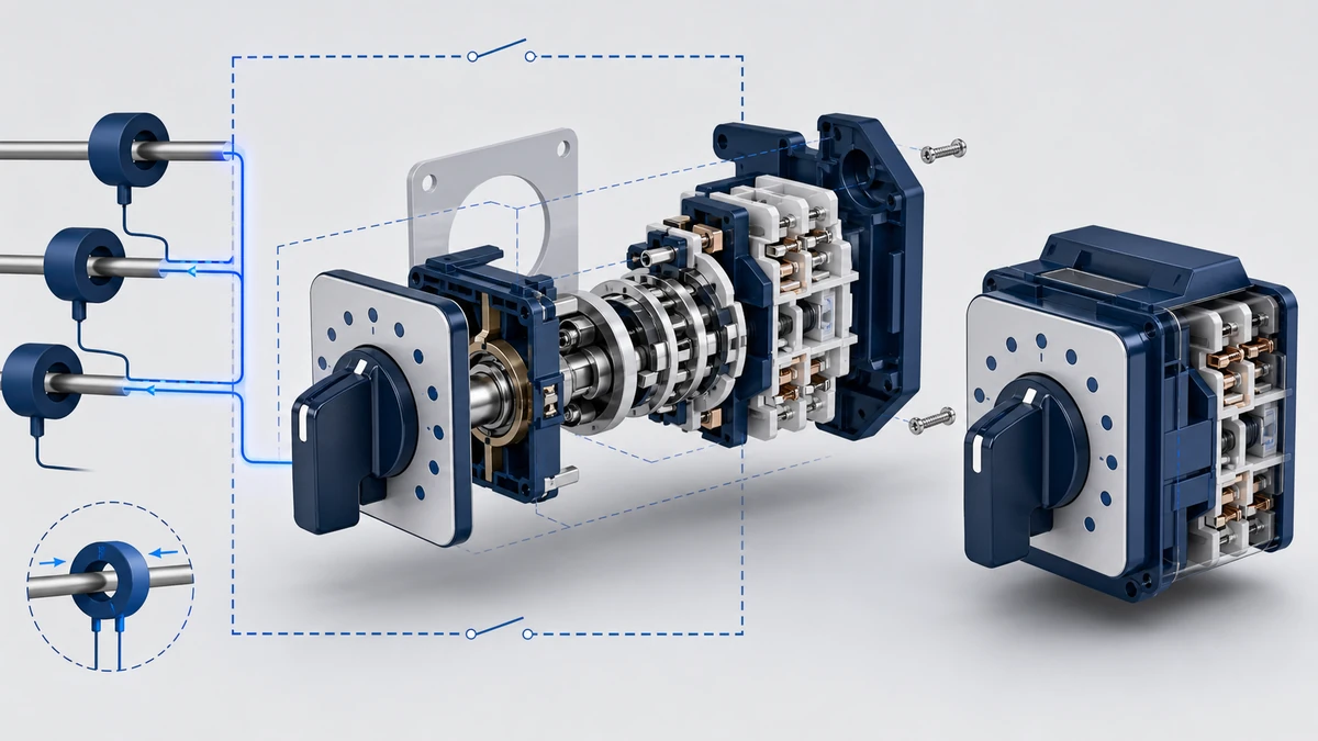 Technical anatomy view of an unbranded rotary cam switch showing relevant mounting and connection interfaces