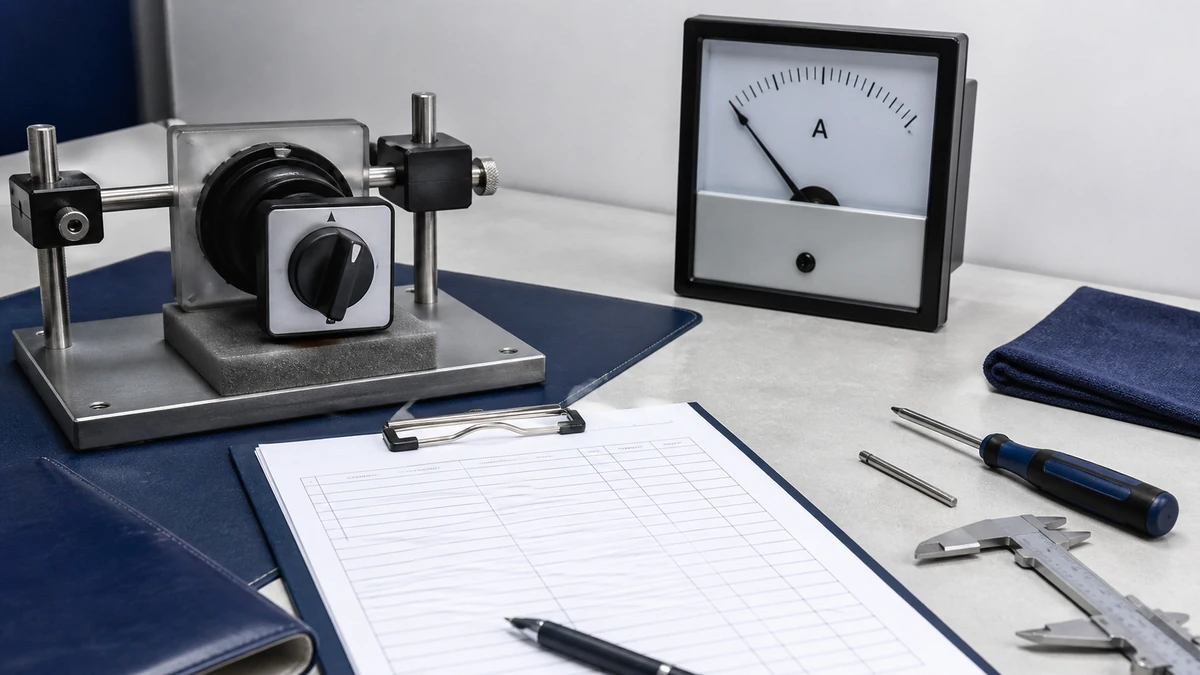 Unbranded rotary cam switch sample at a quality-control inspection bench with non-readable drawing and measuring tools