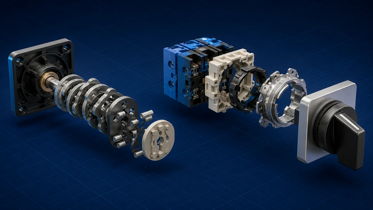 Technical anatomy view of an unbranded rotary cam switch showing relevant mounting and connection interfaces