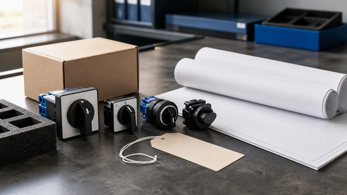 Unbranded rotary cam switch sample, document folder and protective export packing prepared for handover