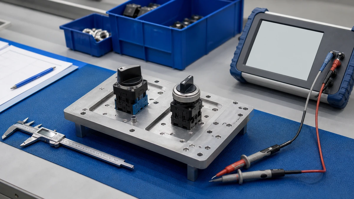 Unbranded rotary cam switch sample at a quality-control inspection bench with non-readable drawing and measuring tools