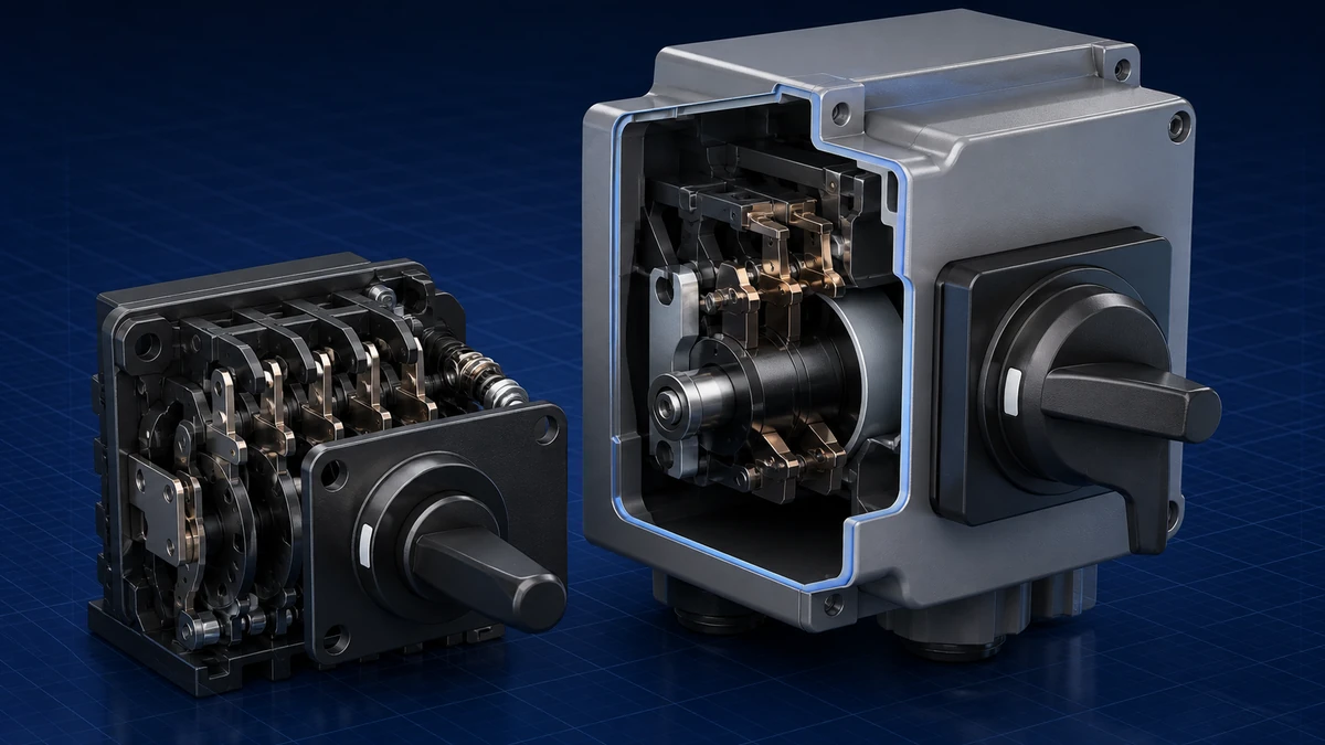 Technical anatomy view of an unbranded rotary cam switch showing relevant mounting and connection interfaces