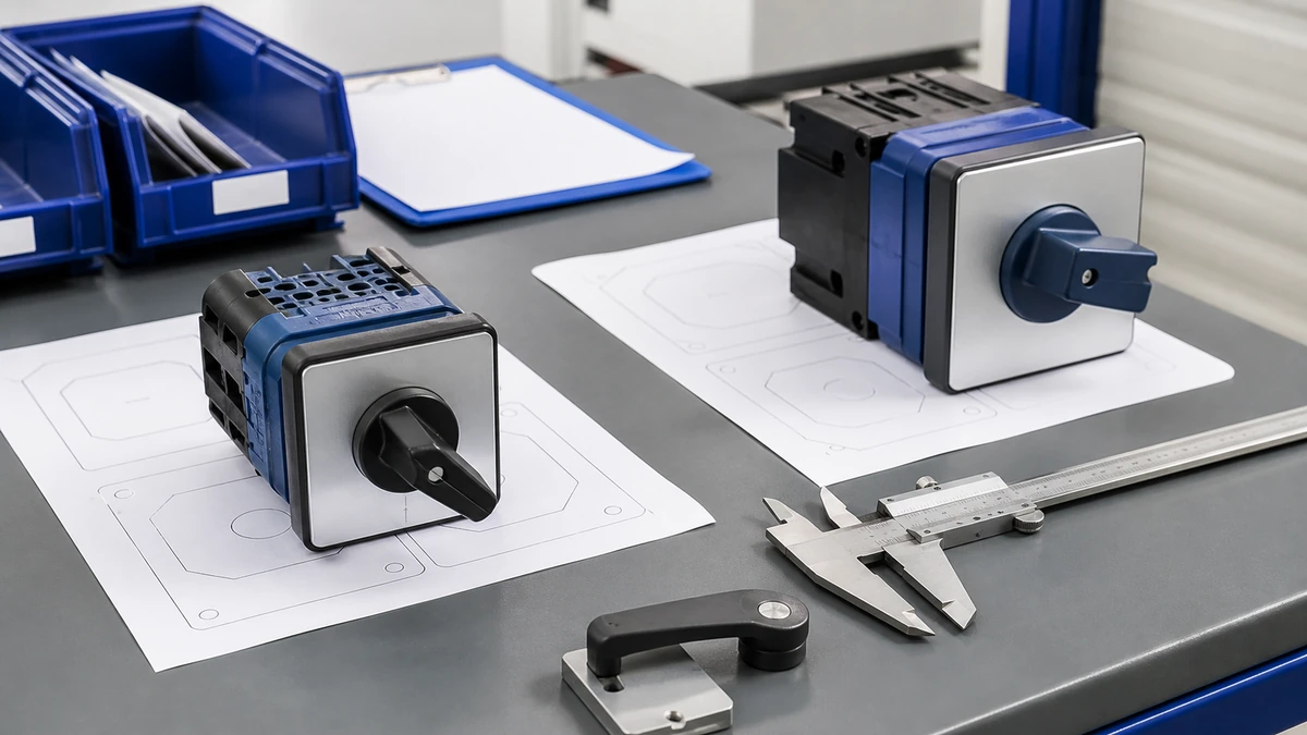 Unbranded rotary cam switch sample at a quality-control inspection bench with non-readable drawing and measuring tools
