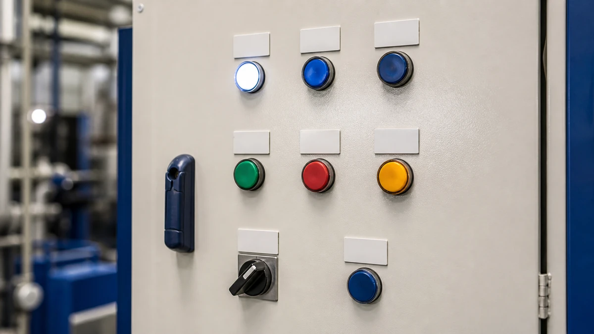 Unbranded push button, selector switch or emergency-stop operator used in a realistic industrial application context