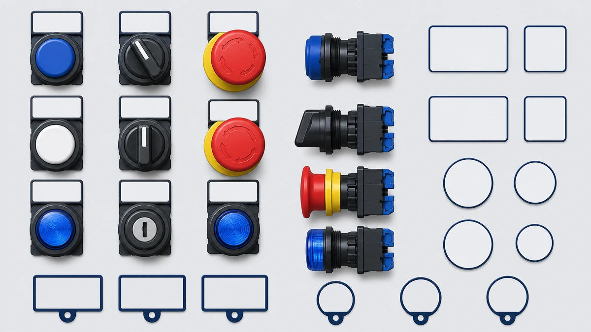 Technical anatomy view of an unbranded push button, selector switch or emergency-stop operator showing relevant mounting and connection interfaces