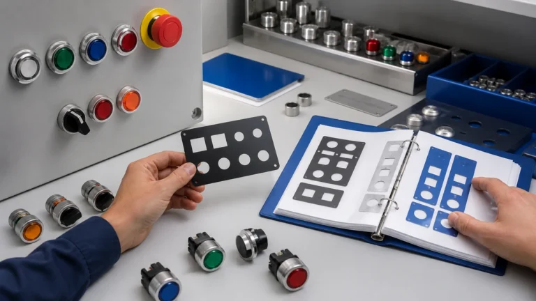 Unbranded push button, selector switch or emergency-stop operator sample reviewed in an industrial engineering environment