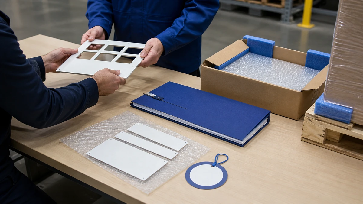 Unbranded push button, selector switch or emergency-stop operator sample, document folder and protective export packing prepared for handover