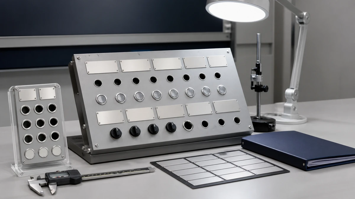 Unbranded push button, selector switch or emergency-stop operator sample at a quality-control inspection bench with non-readable drawing and measuring tools