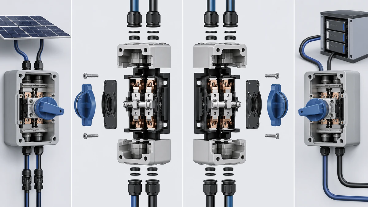 Technical anatomy view of an unbranded PV DC isolator switch showing relevant mounting and connection interfaces