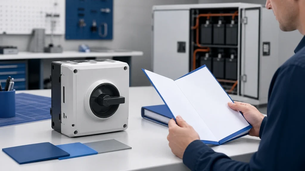 Unbranded PV DC isolator switch sample reviewed in an industrial engineering environment