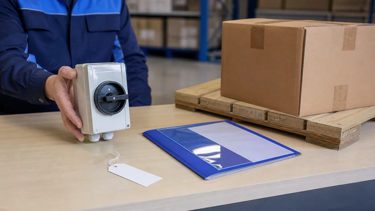Unbranded PV DC isolator switch sample, document folder and protective export packing prepared for handover
