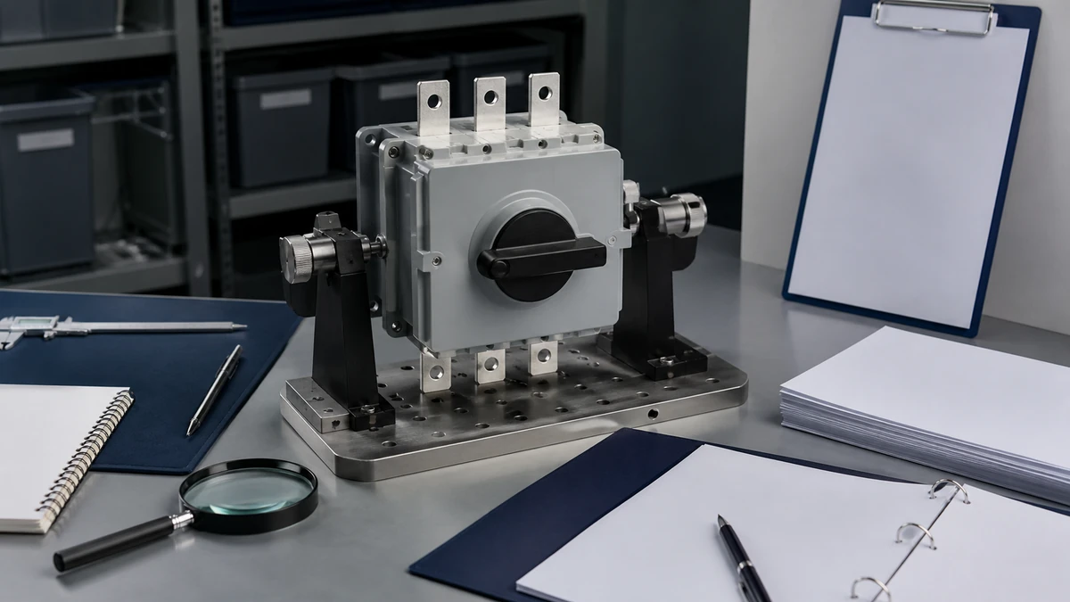 Unbranded PV DC isolator switch sample at a quality-control inspection bench with non-readable drawing and measuring tools