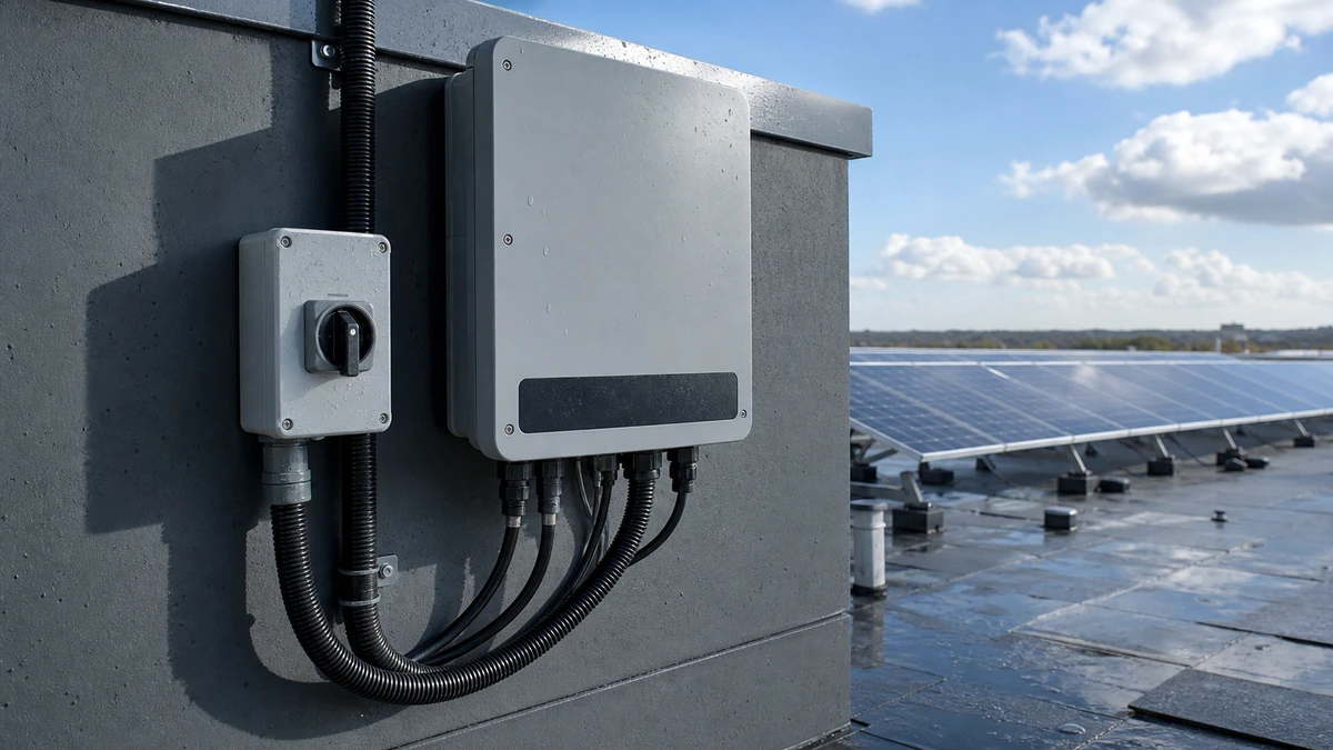 Weather-protected PV DC isolator installed beside a solar inverter in an outdoor service area