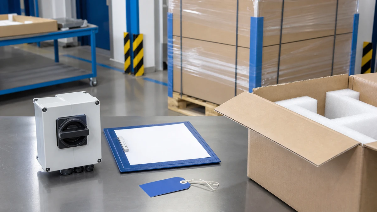 Industrial electrical component sample, documentation folder and protected export carton prepared for sourcing handover