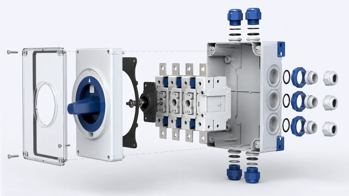 Exploded technical view of a PV DC isolator switch showing enclosure, handle, poles and cable-entry interfaces