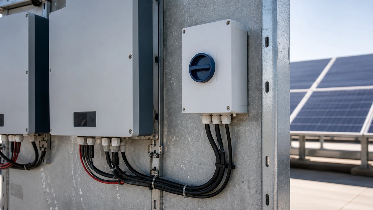 Unbranded PV DC isolator switch used in a realistic industrial application context